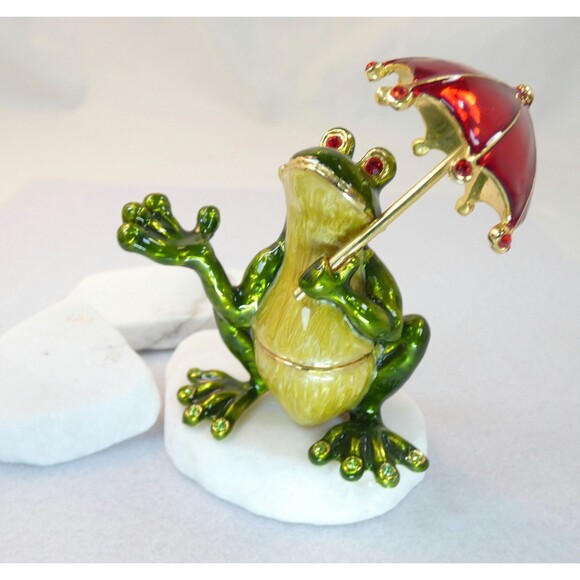 Two Pewter Enamel Rhinestone Frog Trinket Treasure Boxes Umbrella Monet Gift - Picture 2 of 7